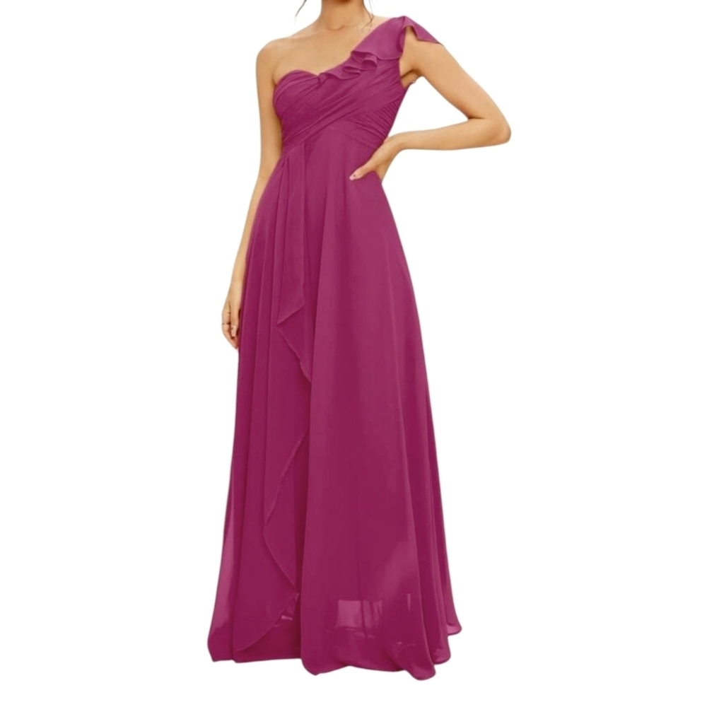 Pink Purple Ruched Ruffled One Shoulder Gown Size Medium Bridal Prom Dress